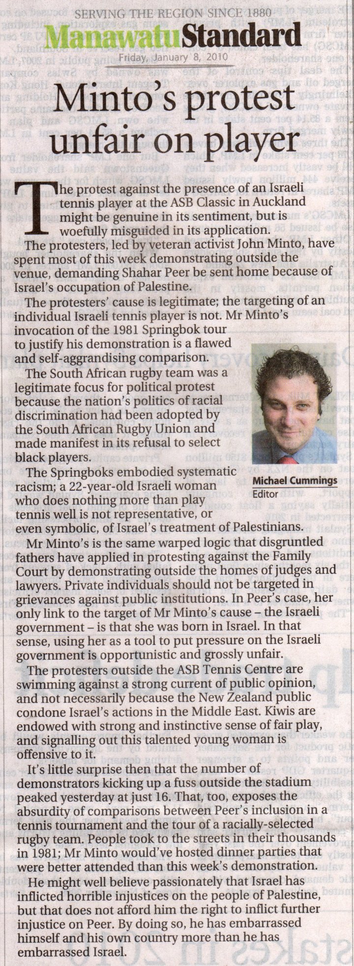 Protest against Israeli tennis player unfair, says NZ paper